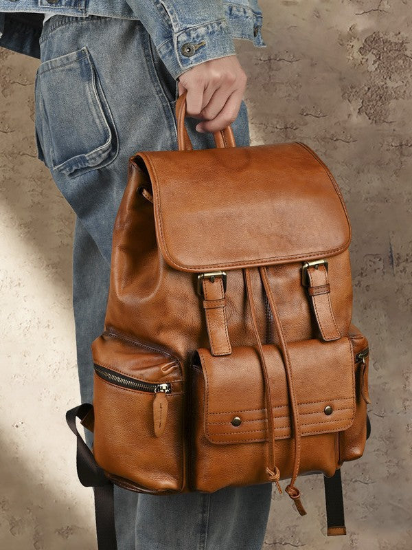 Full Grain Leather Laptop Backpack Large Capacity Weekender Overnight Camping Rucksack Men Leather Backpack