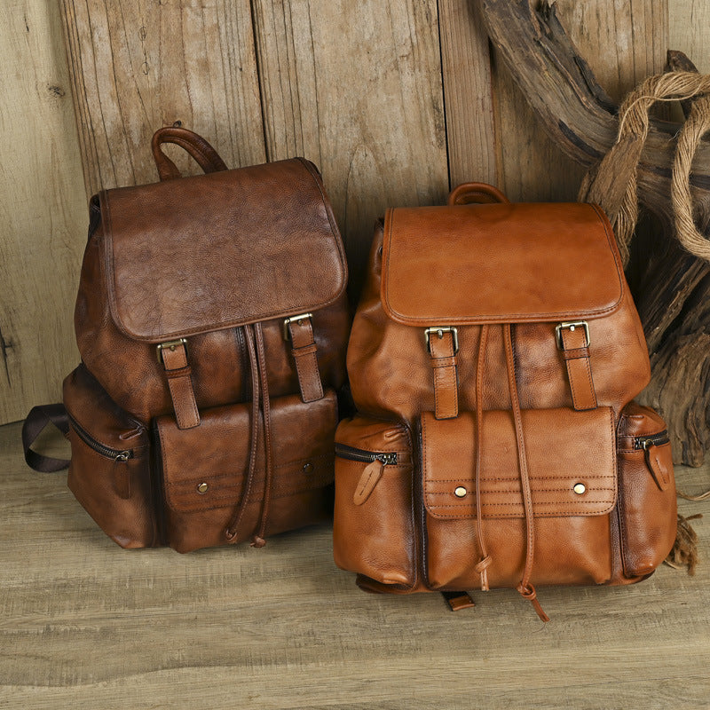 Full Grain Leather Laptop Backpack Large Capacity Weekender Overnight Camping Rucksack Men Leather Backpack