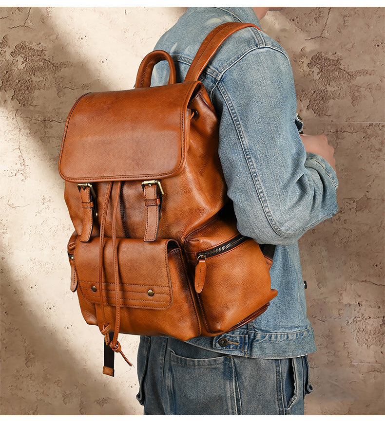 Full Grain Leather Laptop Backpack Large Capacity Weekender Overnight Camping Rucksack Men Leather Backpack