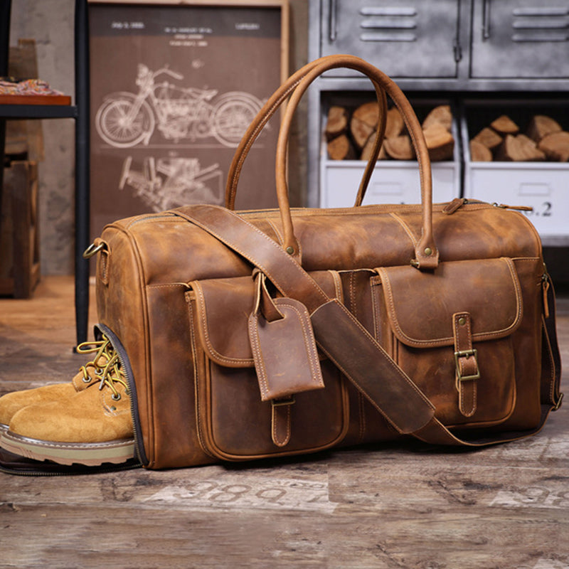 Full Grain Leather Weekender Bag Retro Travel Holdall for Men Handmade Leather Duffel Bag Large Carry-on Bag