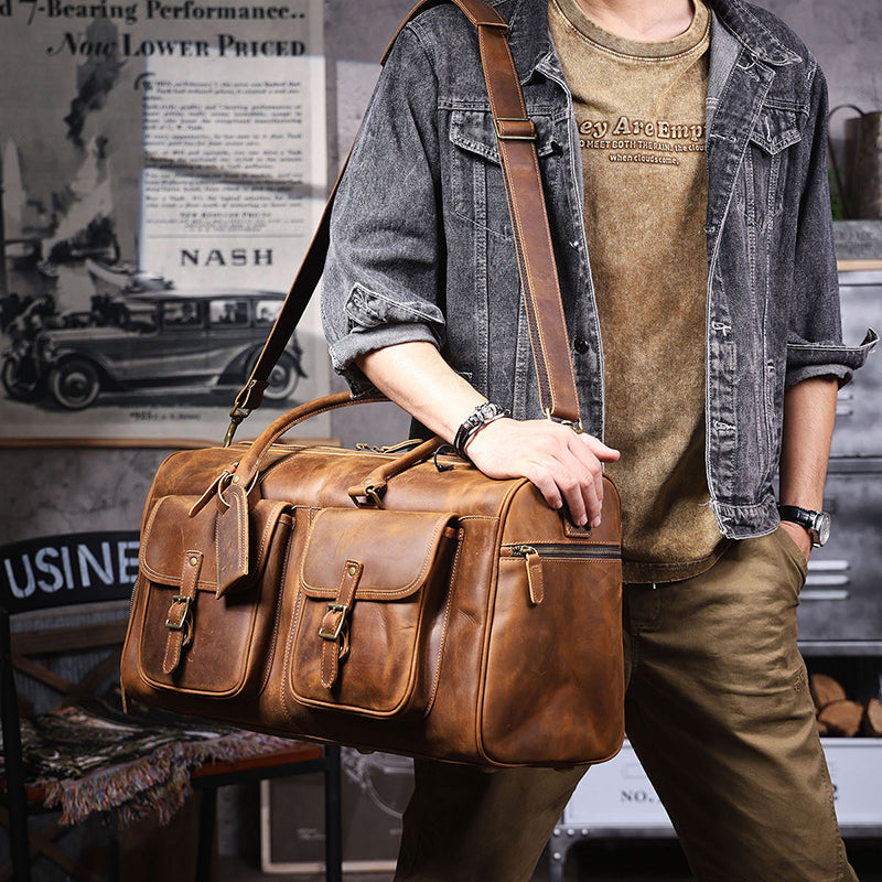 Full Grain Leather Weekender Bag Retro Travel Holdall for Men Handmade Leather Duffel Bag Large Carry-on Bag