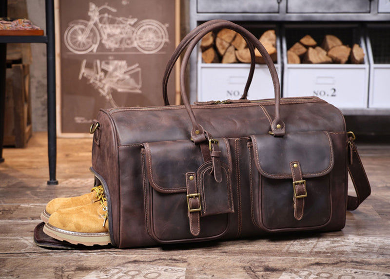 Full Grain Leather Weekender Bag Retro Travel Holdall for Men Handmade Leather Duffel Bag Large Carry-on Bag