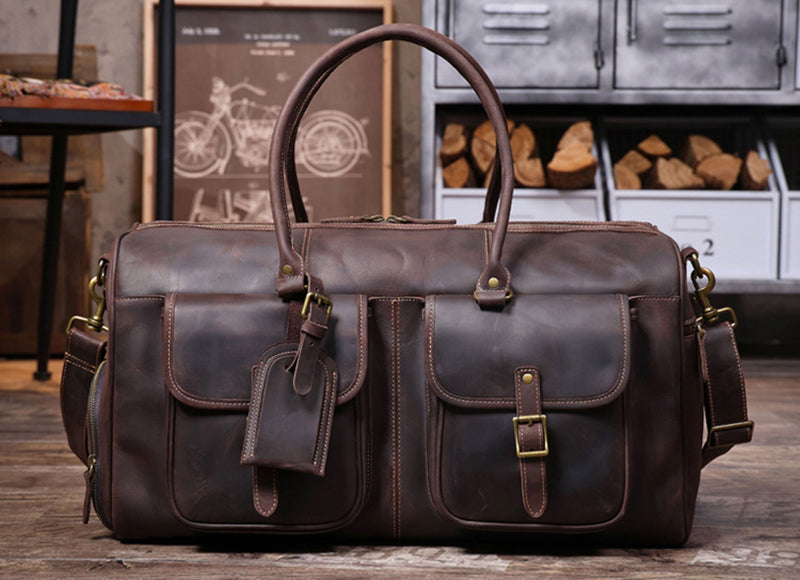Full Grain Leather Weekender Bag Retro Travel Holdall for Men Handmade Leather Duffel Bag Large Carry-on Bag