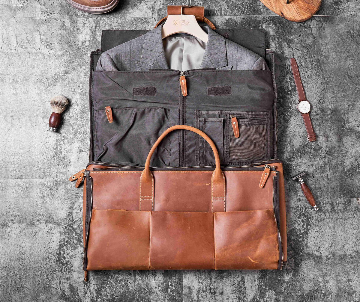 Personalized Leather Hanging Clothes Bag, Leather Duffel Bag with Shoe Pouch, Carry-on Garment Bag, Groomsmen Gift Bag