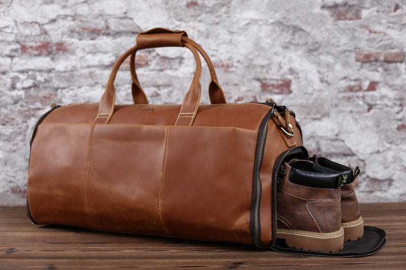 Personalized Leather Hanging Clothes Bag, Leather Duffel Bag with Shoe Pouch, Carry-on Garment Bag, Groomsmen Gift Bag