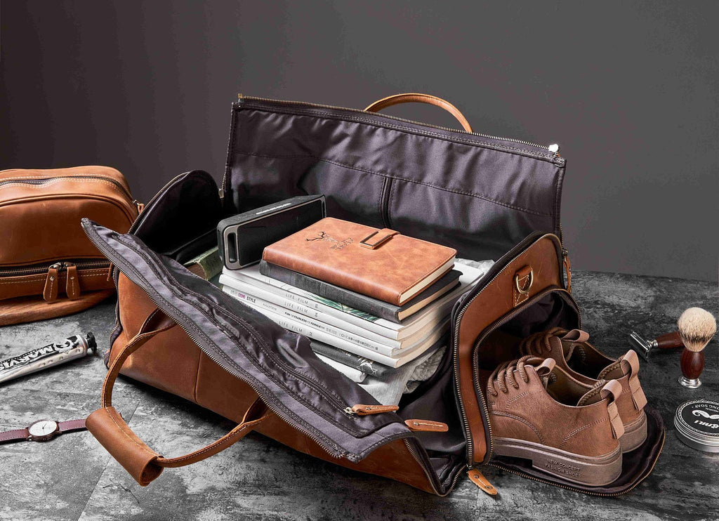 Personalized Leather Hanging Clothes Bag, Leather Duffel Bag with Shoe Pouch, Carry-on Garment Bag, Groomsmen Gift Bag