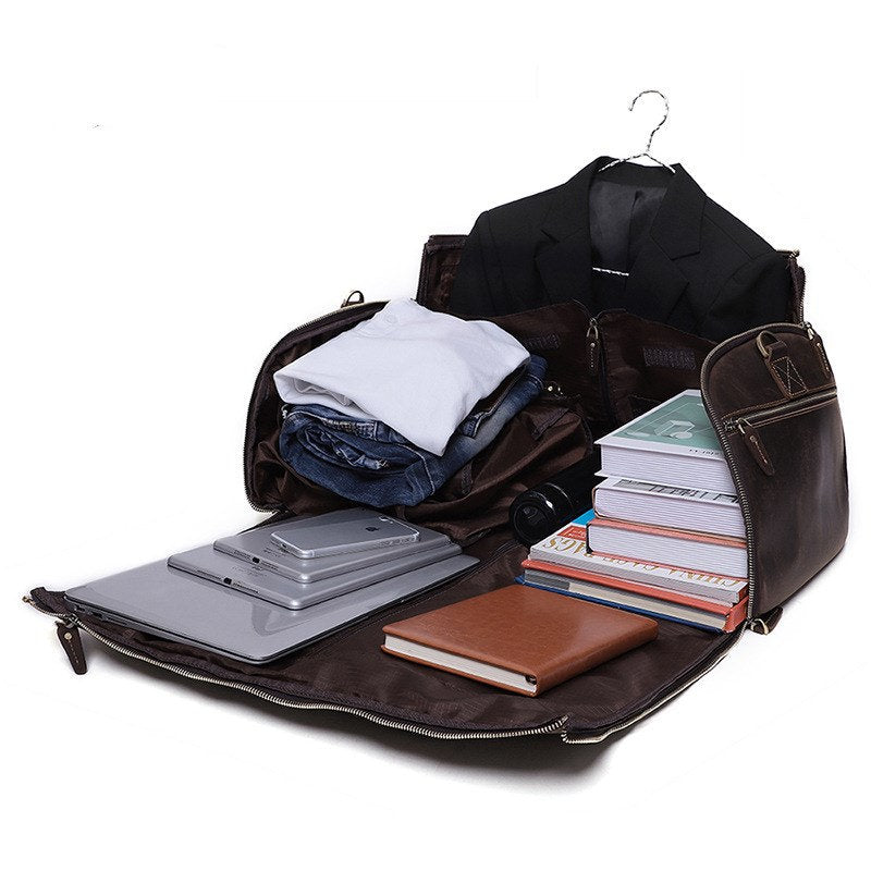 Personalized Leather Hanging Clothes Bag, Leather Duffel Bag with Shoe Pouch, Carry-on Garment Bag, Groomsmen Gift Bag