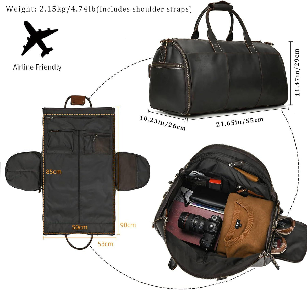 Personalized Leather Hanging Clothes Bag, Leather Duffel Bag with Shoe Pouch, Carry-on Garment Bag, Groomsmen Gift Bag