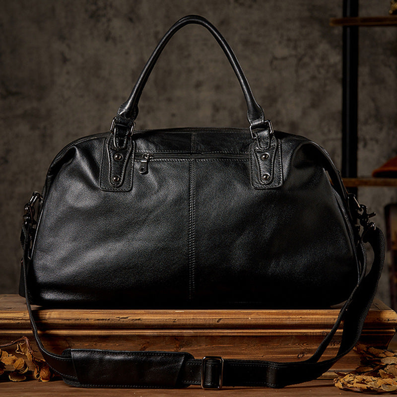 Men’s Leather Travel Duffel Bag, Full Grain Leather Shoulder Bag,  Large Capacity Black Weekend Bag