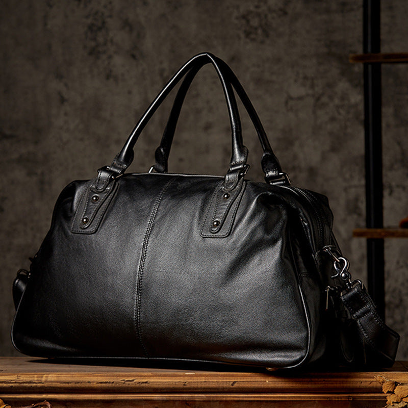 Men’s Leather Travel Duffel Bag, Full Grain Leather Shoulder Bag,  Large Capacity Black Weekend Bag