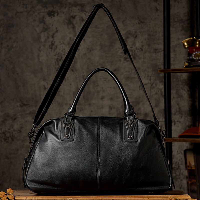 Men’s Leather Travel Duffel Bag, Full Grain Leather Shoulder Bag,  Large Capacity Black Weekend Bag