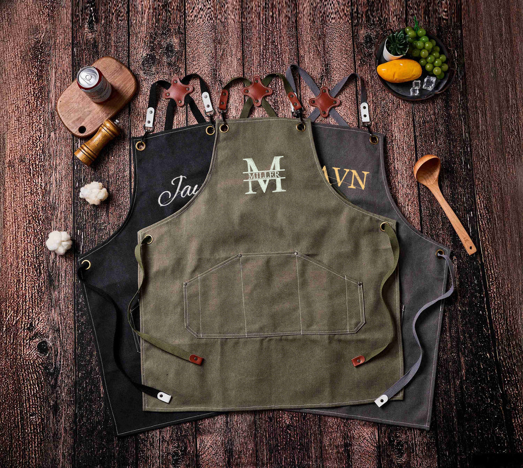 Personalized Canvas Workshop Apron with Pockets, Custom Bar, BBQ & Bartender Apron