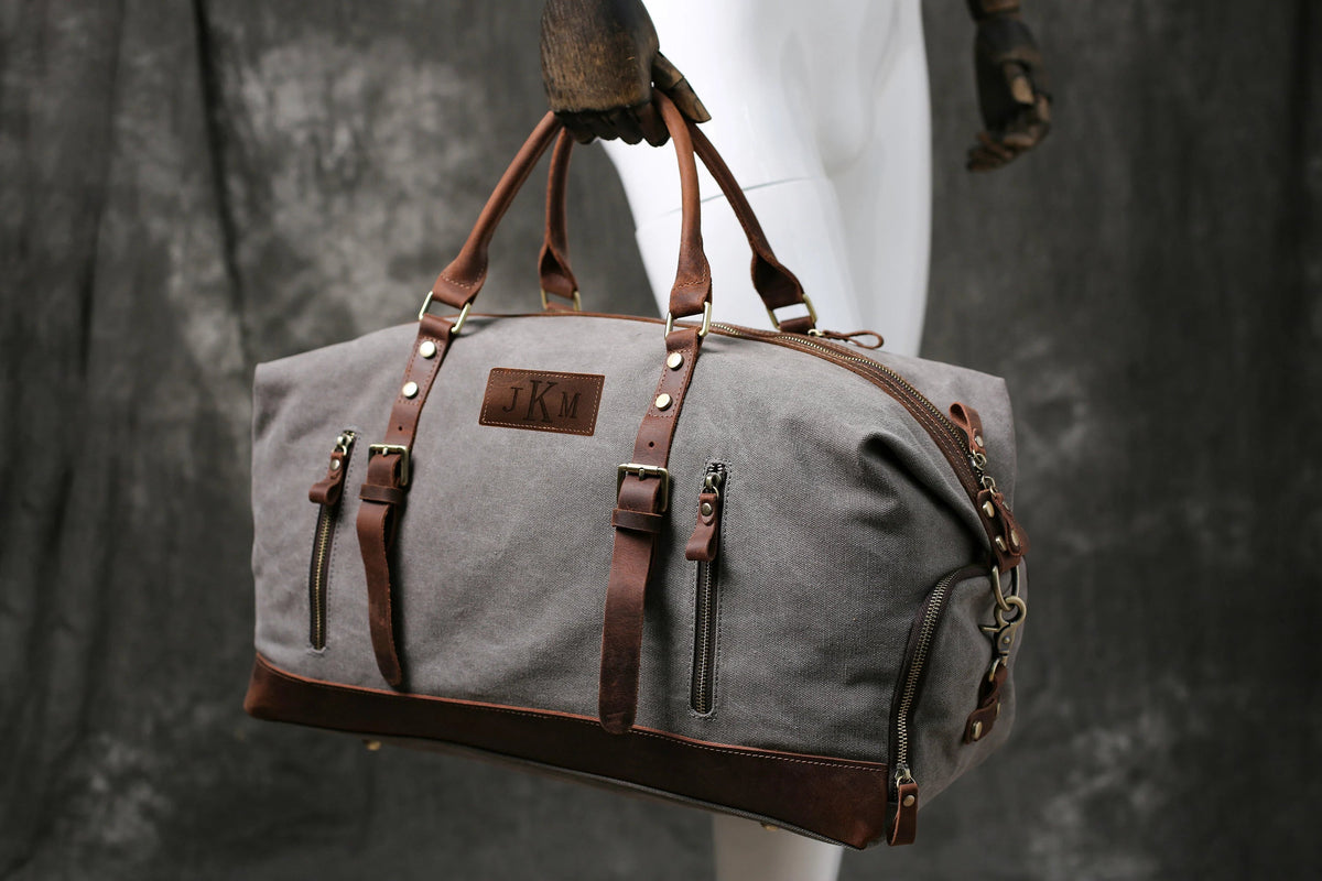 Personalized Canvas Duffel Bag, Waterproof Canvas Leather Weekend bag with Shoes Compartment for Men Women