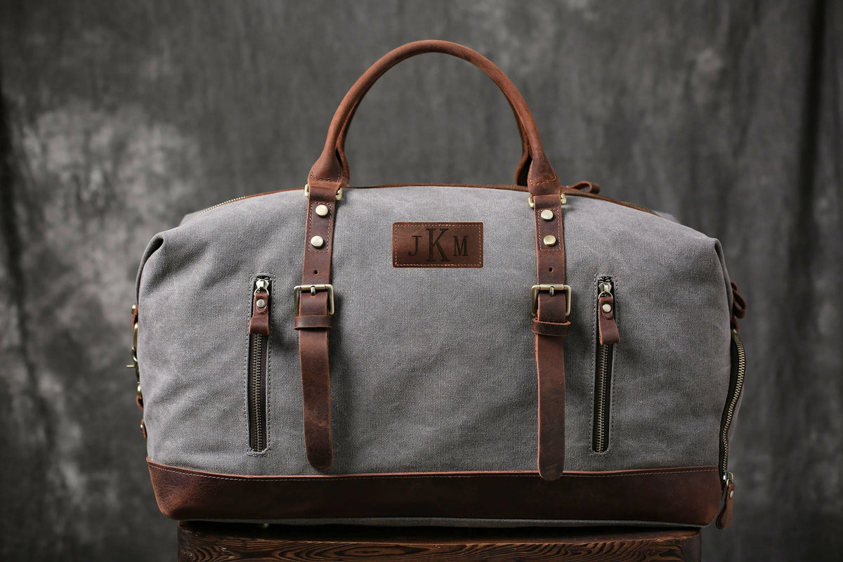 Personalized Canvas Duffel Bag, Waterproof Canvas Leather Weekend bag with Shoes Compartment for Men Women