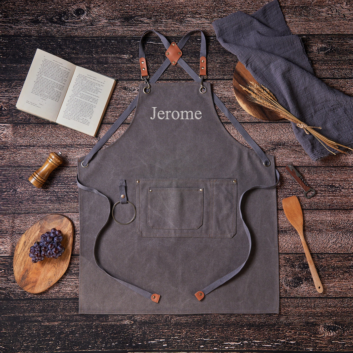 Personalized Canvas Workshop Apron with Pockets, Custom Bar, BBQ & Bartender Apron