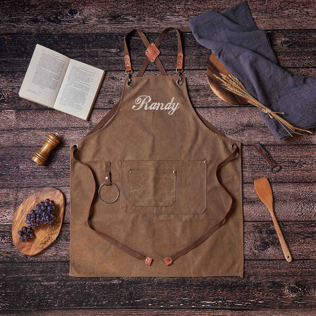 Personalized Canvas Workshop Apron with Pockets, Custom Bar, BBQ & Bartender Apron