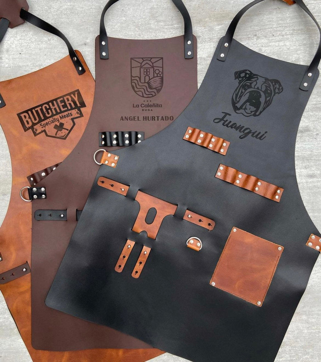 Personalized PU Leather BBQ Apron with Pockets, Custom Grill Apron for Men, Engraved Chef Gift