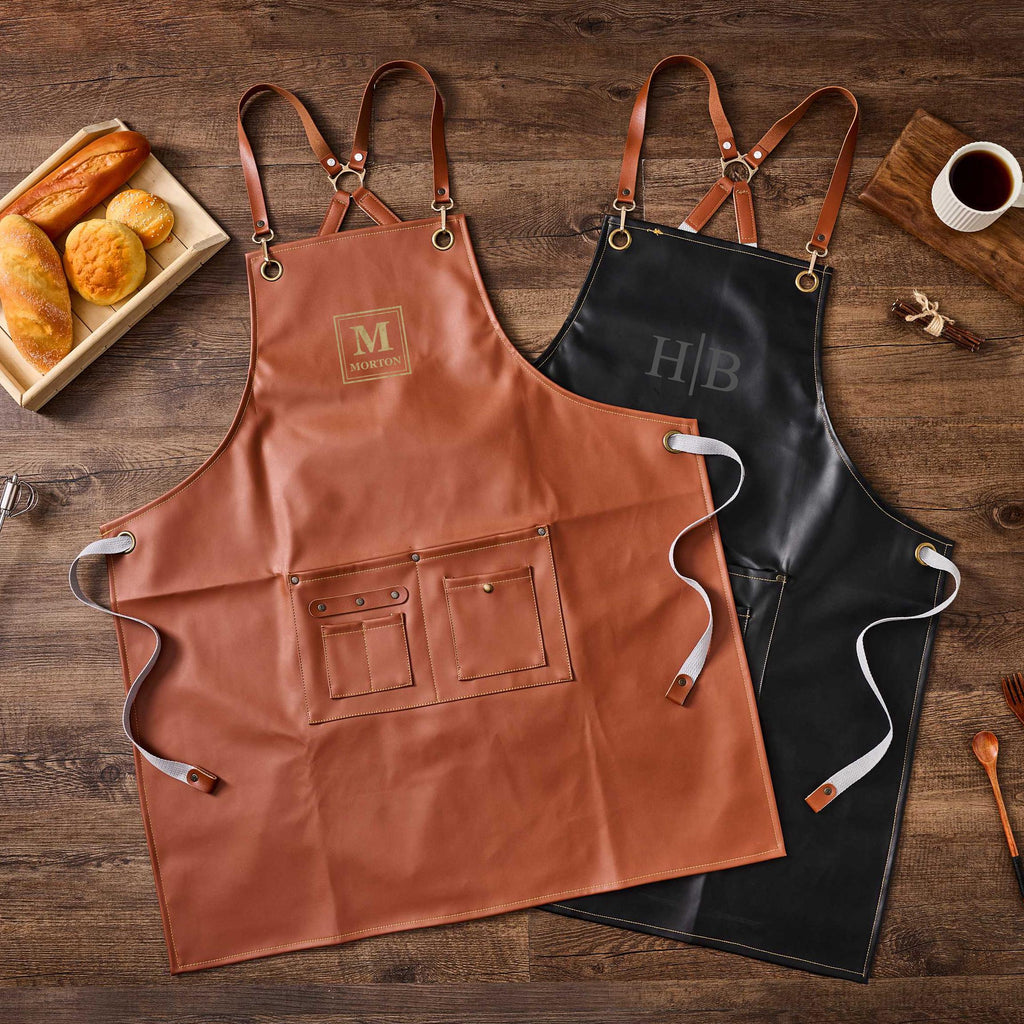 Personalized Workshop Apron, Faux Leather Apron with Pockets, Engraved Cooking Gift for Him, Custom BBQ Grill, Kitchen Apron