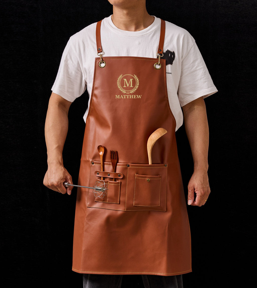 Personalized Workshop Apron, Faux Leather Apron with Pockets, Engraved Cooking Gift for Him, Custom BBQ Grill, Kitchen Apron