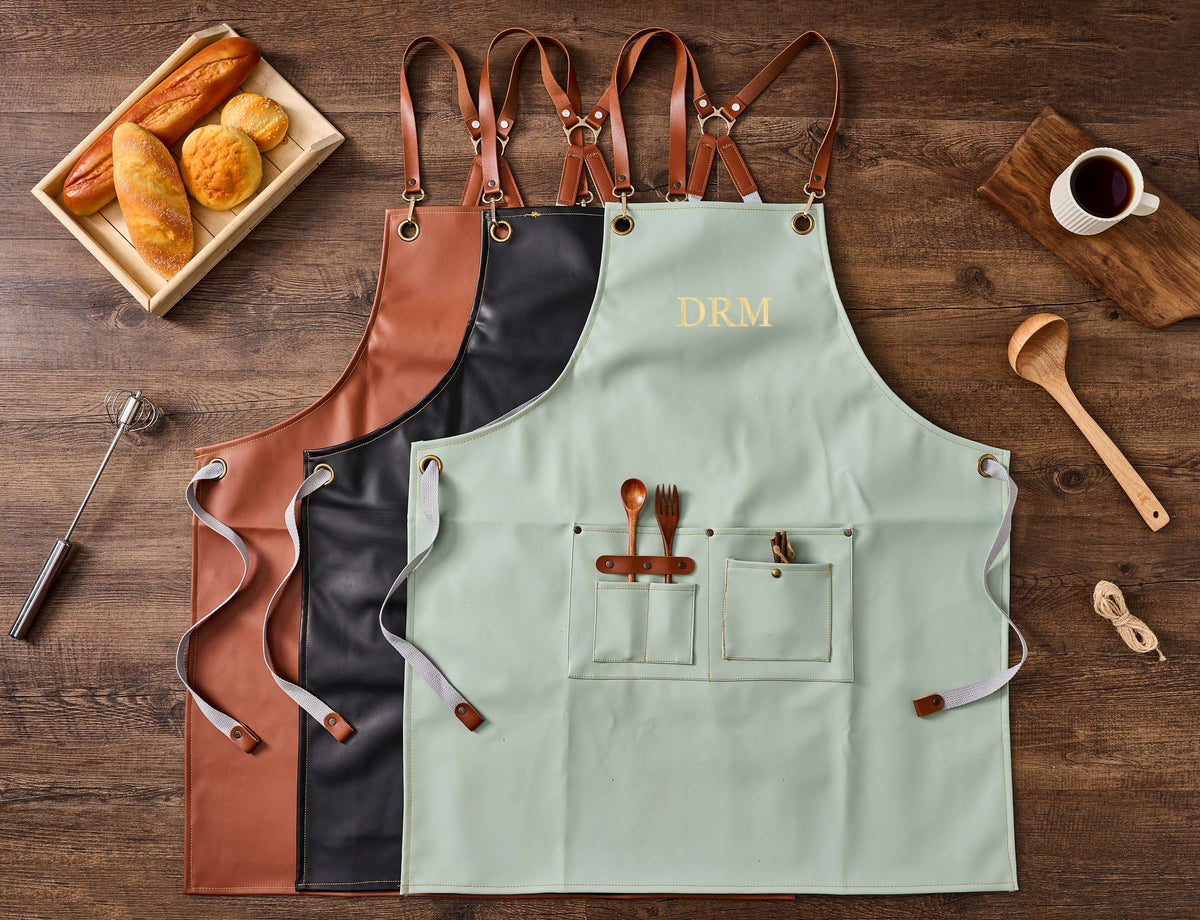 Personalized Workshop Apron, Faux Leather Apron with Pockets, Engraved Cooking Gift for Him, Custom BBQ Grill, Kitchen Apron