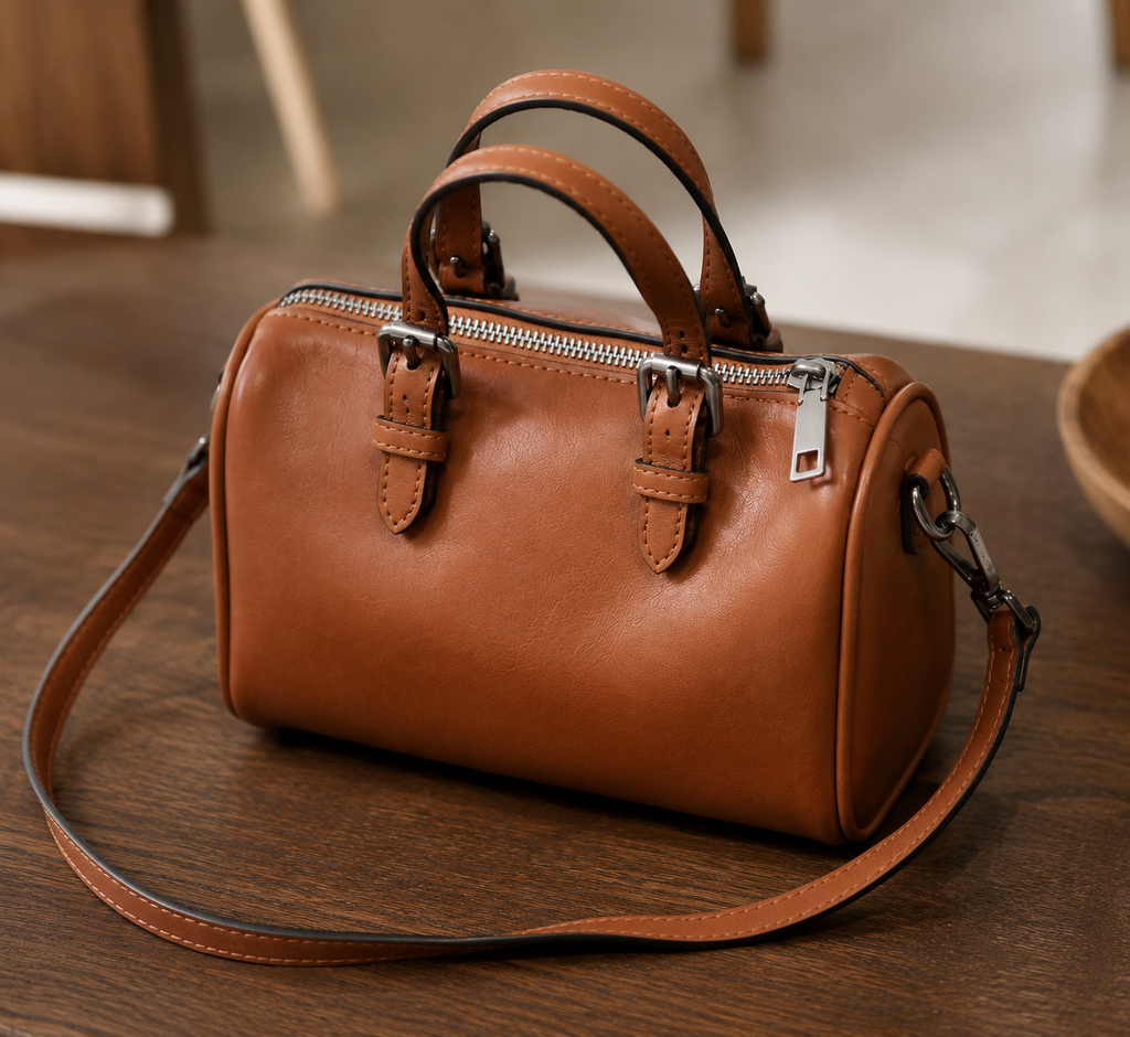 Leather Women Boston Bag, Women's Full Grain Leather Shoulder Bag, Leather Top Handle Bag