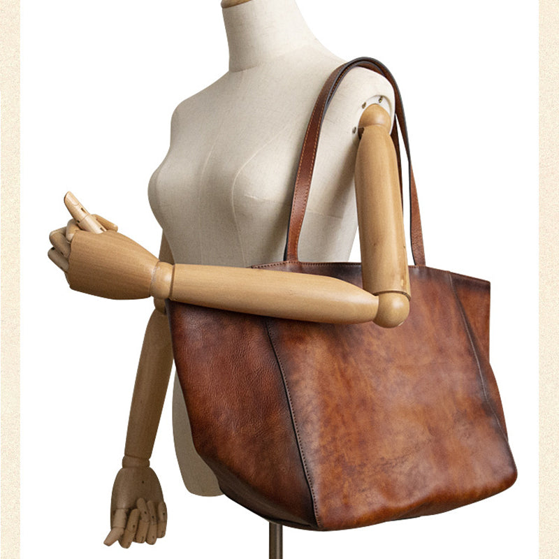 Womens Large Leather Tote Bag Retro Leather Shoulder Bag Shopping Tote Bag