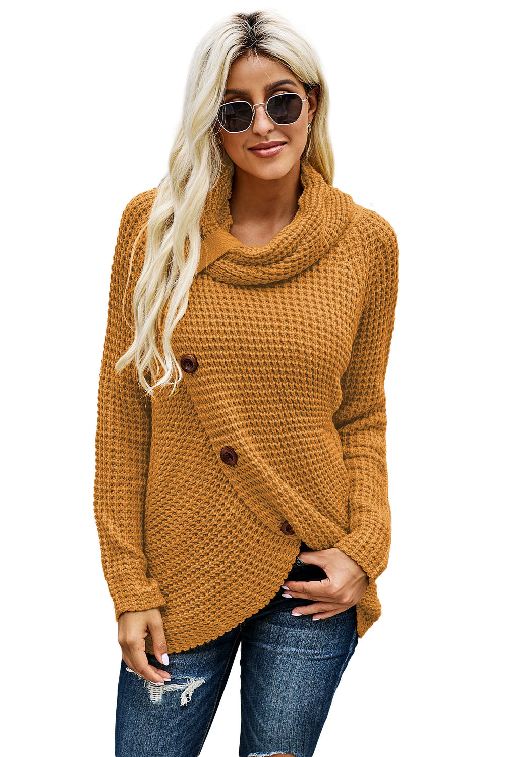 Khaki Buttoned Wrap Turtleneck Sweater