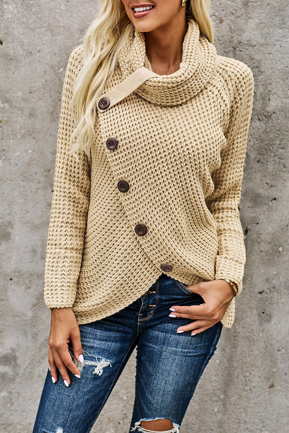 Khaki Buttoned Wrap Turtleneck Sweater
