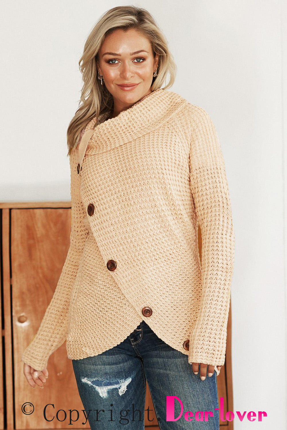 Khaki Buttoned Wrap Turtleneck Sweater