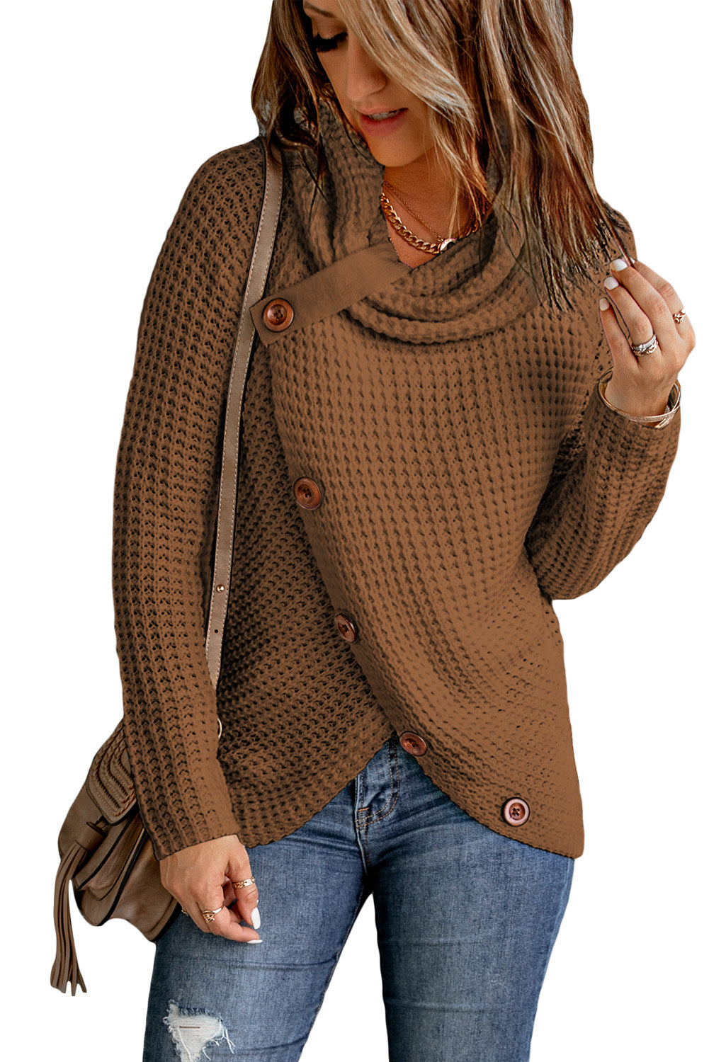 Khaki Buttoned Wrap Turtleneck Sweater