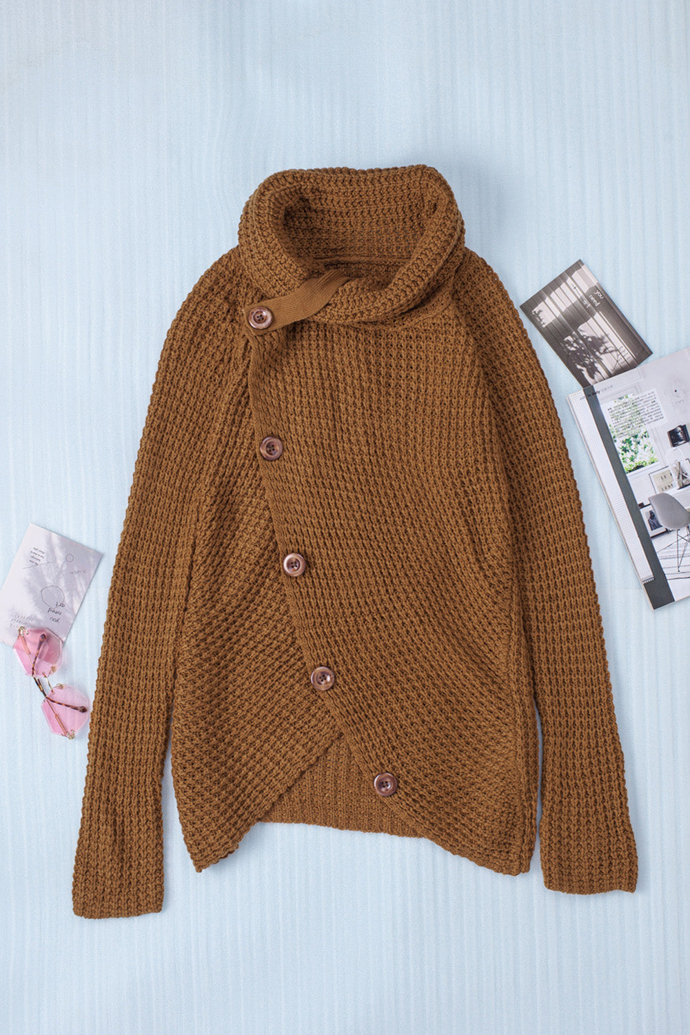 Khaki Buttoned Wrap Turtleneck Sweater