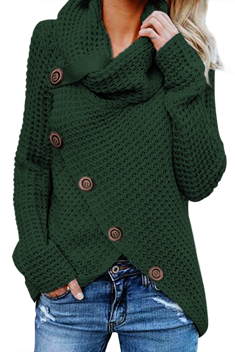 Khaki Buttoned Wrap Turtleneck Sweater