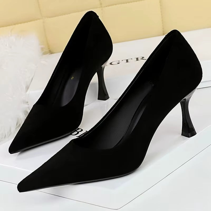 BIGTREE Shoes Suede Black Women Pumps Wine Glasses and High Heels Pointed Toe Women Heels 7 Cm 10Cm Ladies Shoes Office Shoes