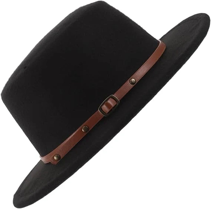 Retro Flat Top Fedora Hat Xmas for Men and Women, Black Wool Wide Coverage, Breathable Comfort, Church Services and Travel, Stylish Formal Look, Sun-Shade Protection