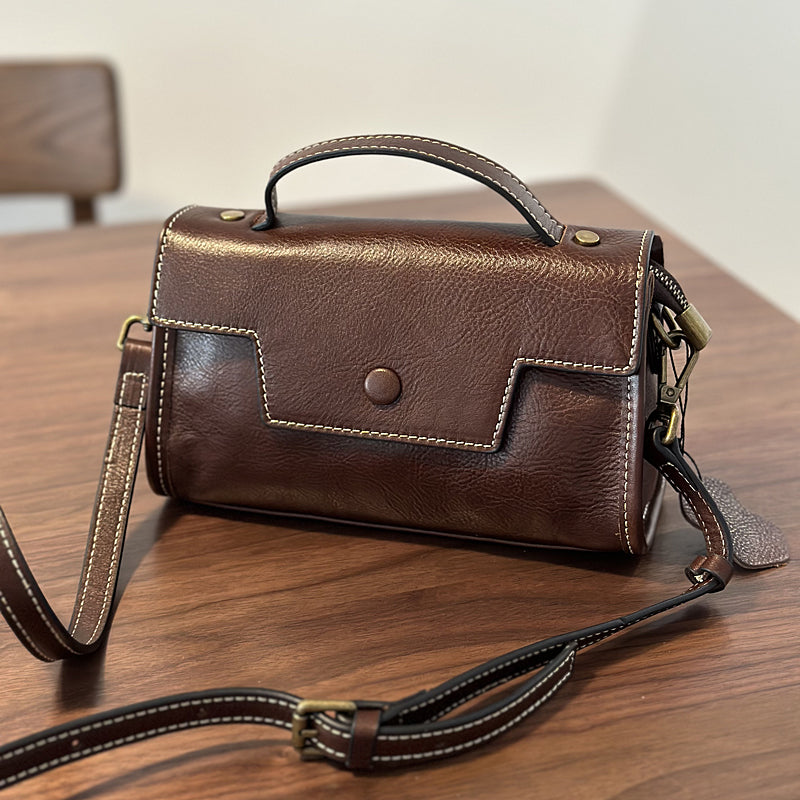 Genuine Leather Satchel handbags, Mini Leather Crossbody Bag with Removable Strap, Vintage Leather City Bag