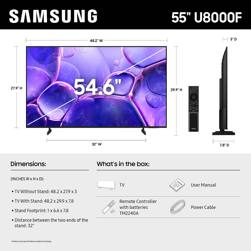 Samsung 55-Inch Class Crystal UHD U8000F 4K Smart TV (2025 Model) Endless Free Content, Processor, Metalstream Design, Knox Security, Compatible with Alexa