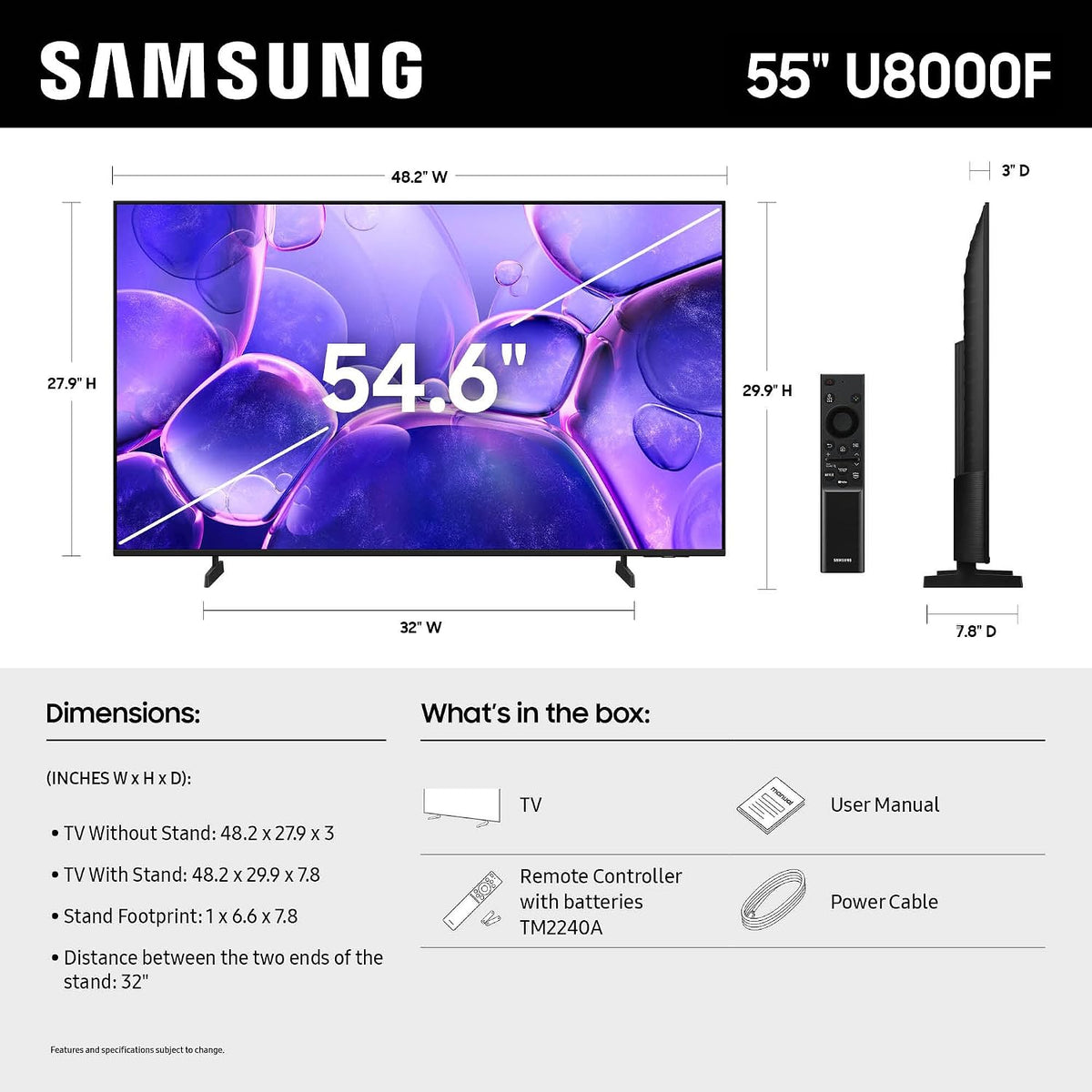 Samsung 55-Inch Class Crystal UHD U8000F 4K Smart TV (2025 Model) Endless Free Content, Processor, Metalstream Design, Knox Security, Compatible with Alexa