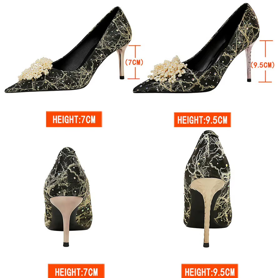 BIGTREE Shoes Pearl Flowers Woman Pumps Rhinestone High Heels 2026 New Luxurious Women Heels Stiletto Large Size Ladies Pumps