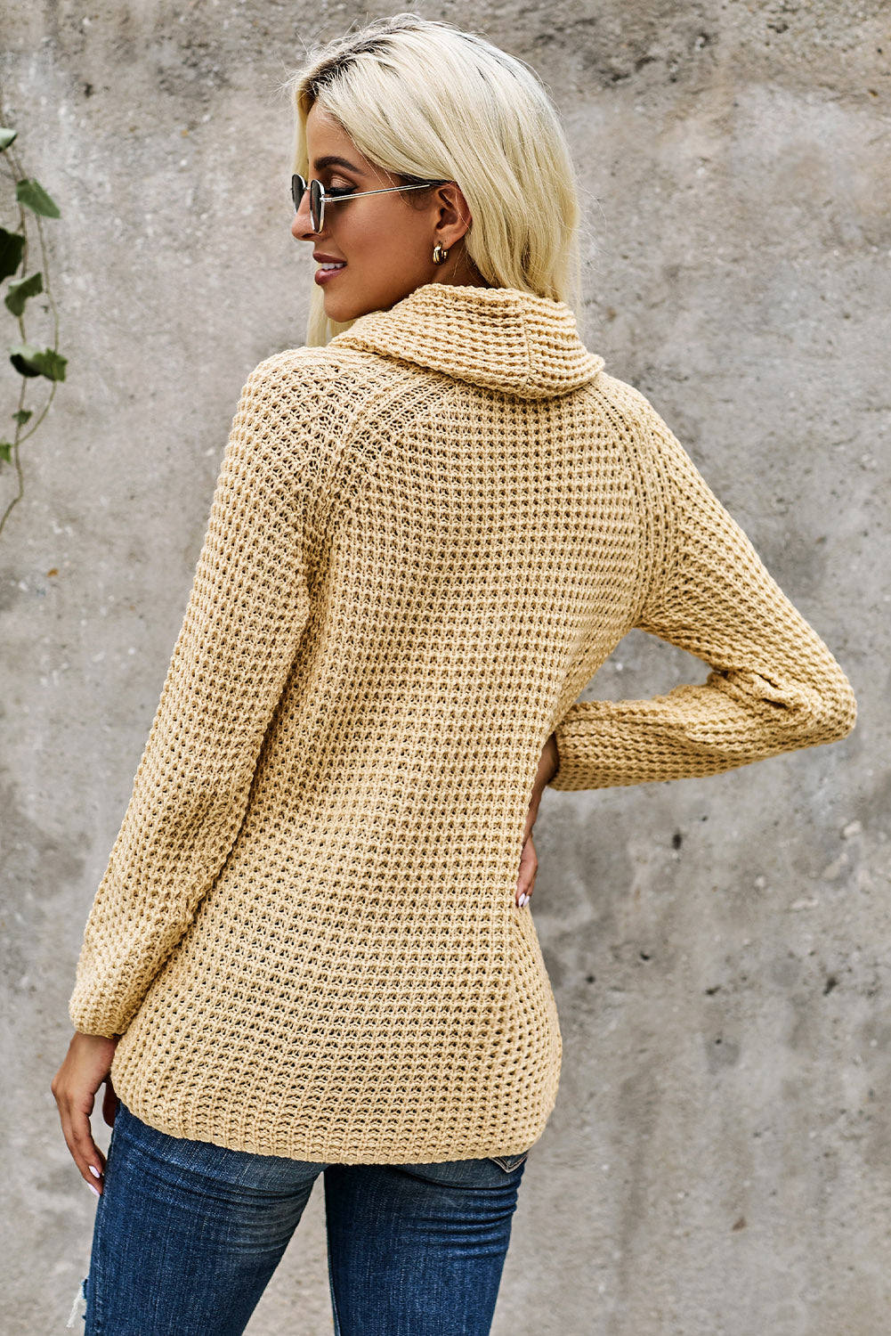 Khaki Buttoned Wrap Turtleneck Sweater