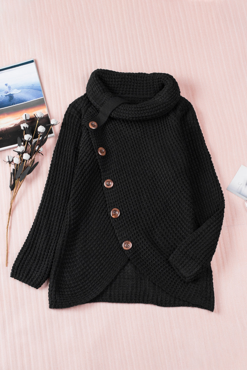 Khaki Buttoned Wrap Turtleneck Sweater