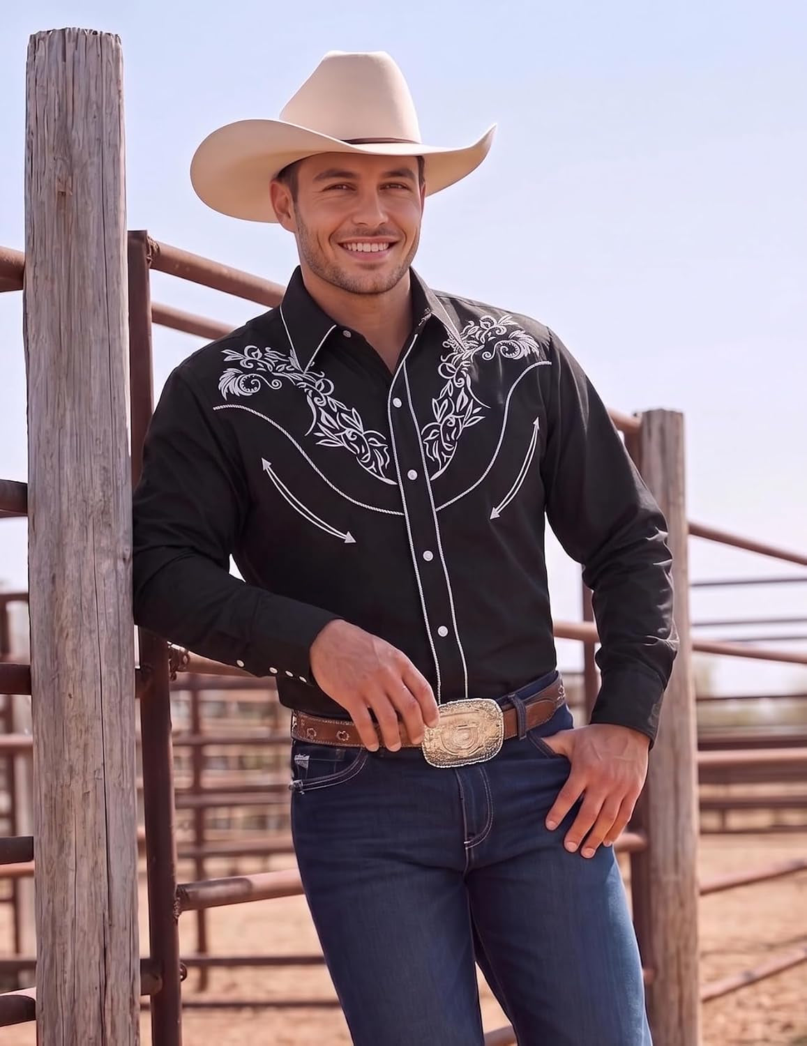 Men'S Cowboy Shirts Embroidered Rose Design Shirts Western Long Sleeve Button down Shirts