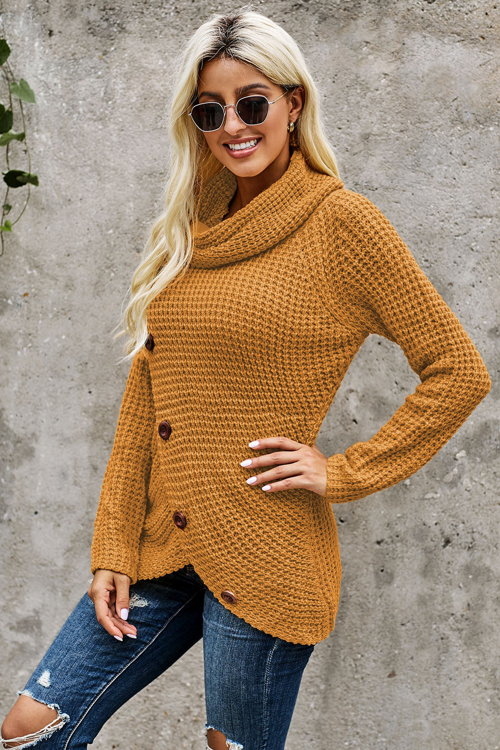 Khaki Buttoned Wrap Turtleneck Sweater