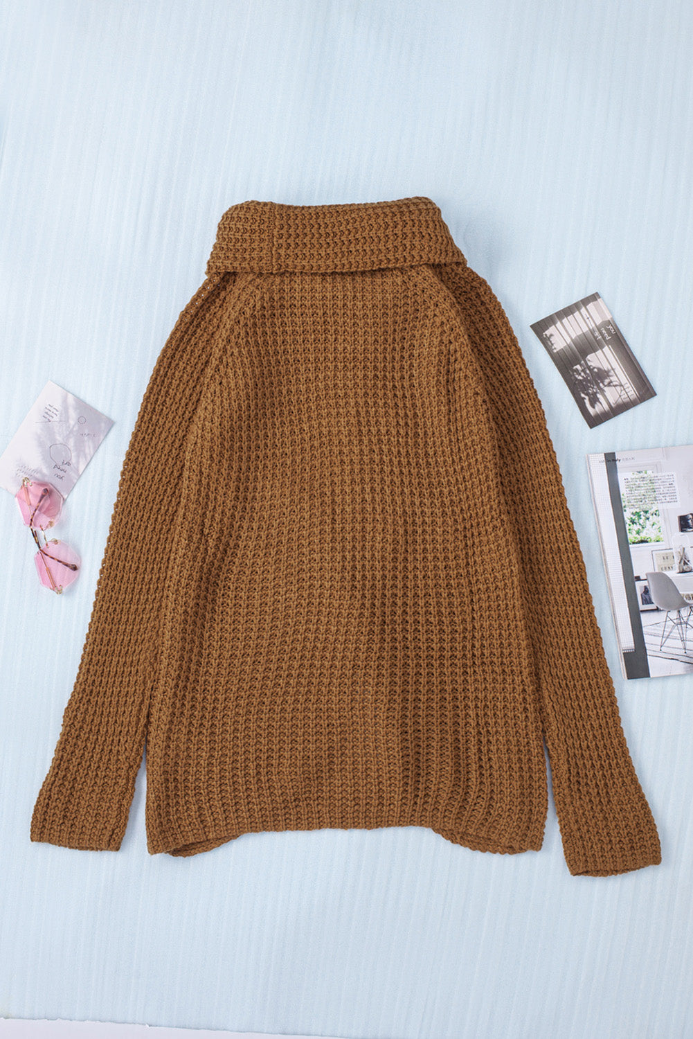 Khaki Buttoned Wrap Turtleneck Sweater