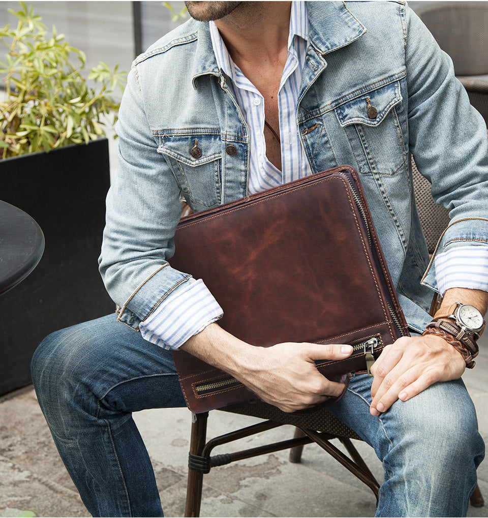 Handmade Genuine Leather Case,  AirTag Compartment, Handheld Multi-Functional iPad Cover